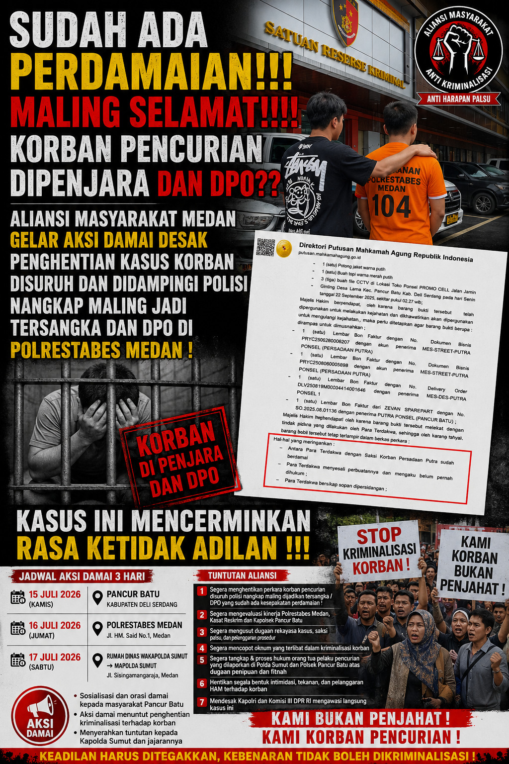 Sudah Damai, Korban Jadi Tersangka dan DPO? Aliansi Masyarakat Siap Kepung Polrestabes Medan Tiga Hari, Desak Penghentian Dugaan Kriminalisasi