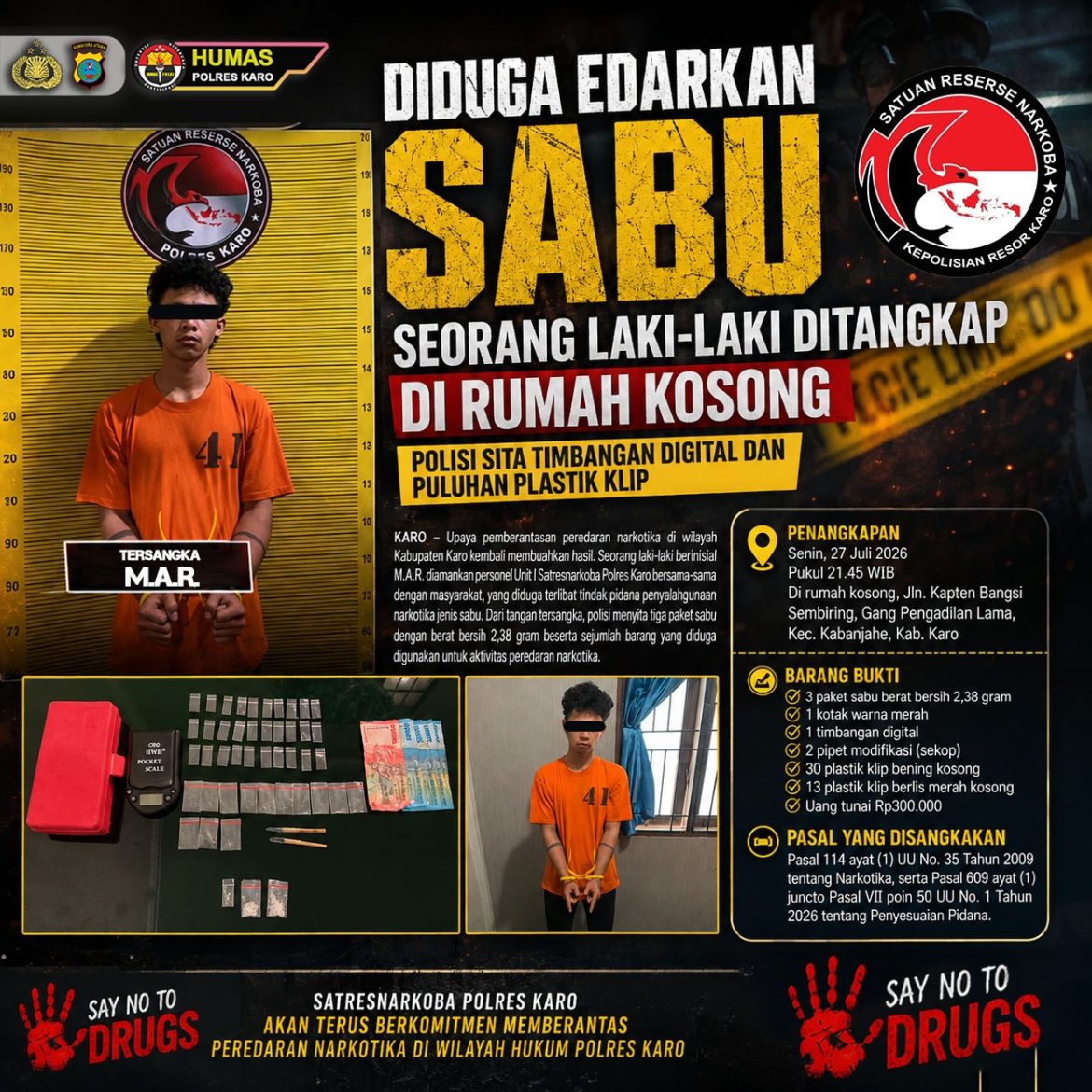 Diduga Edarkan Sabu,  seorang laki-laki Ditangkap di Rumah Kosong, Polisi Sita Timbangan Digital dan Puluhan Plastik Klip